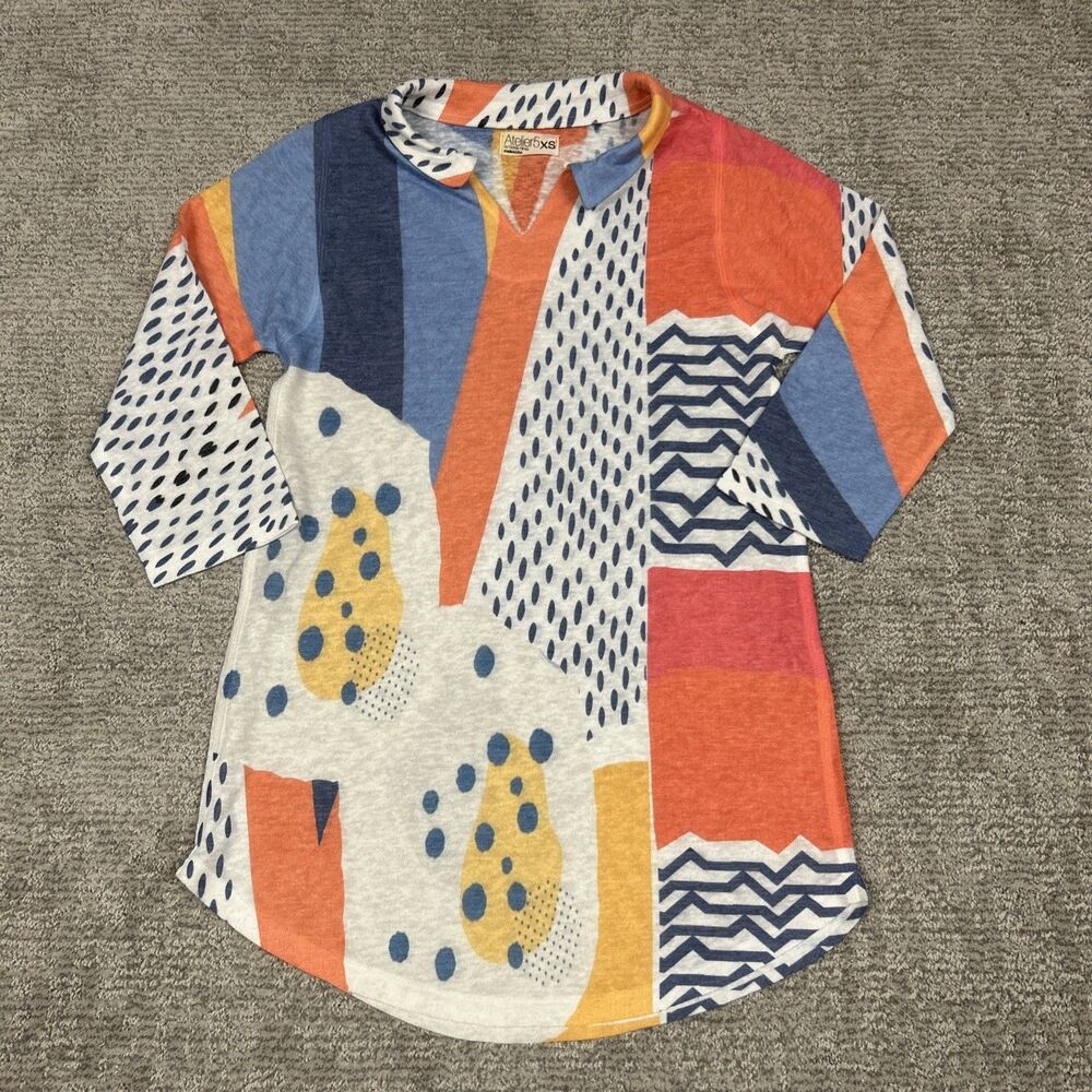 Atelier 5 By Gozde Yilmaz Tunic Top Womens XS 3/4 Sleeve V Neck White Blue Pink